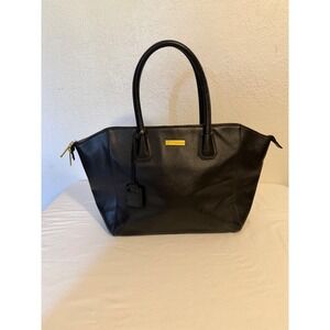 Joy & Iman Black Split Leather Tote Bag Gold Hardware Watch Charm Handbag
